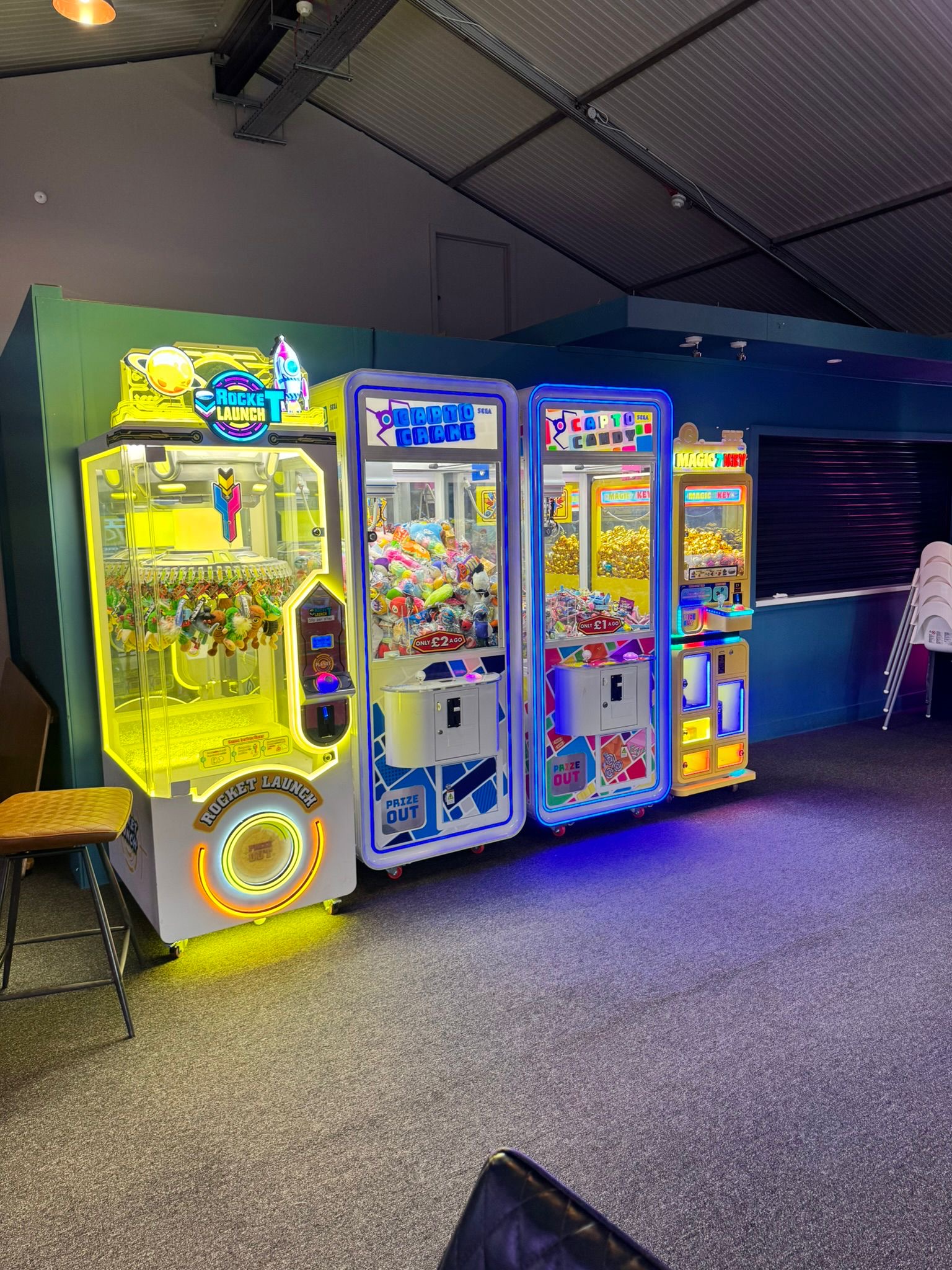 Claw machines and skill cranes in a venue
